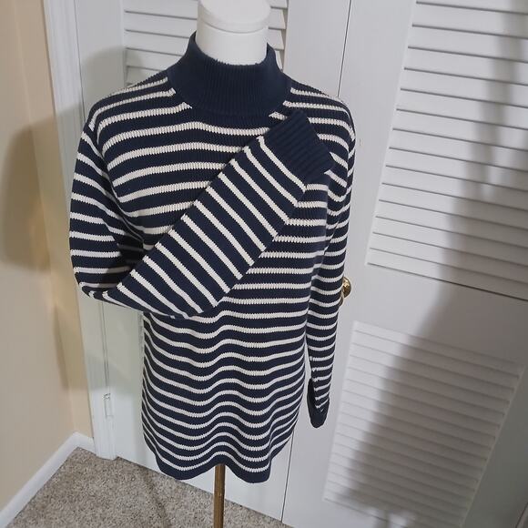 GAP Medium 100% Cotton Mock-Neck Blue/Cream Striped Tunic Sweater Ribbed Cuff - Picture 3 of 13